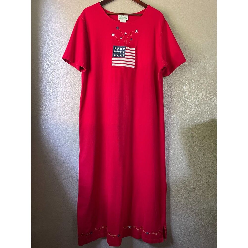 Vintage The Quacker Factory Red Flag Star Embroidered T Shirt Maxi Dress Plus 1X